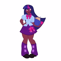 Size: 1650x1650 | Tagged: safe, artist:starsbursts, imported from derpibooru, twilight sparkle, human, equestria girls, book, boots, bowtie, clothes, cute, dark skin, female, grin, humanized, leg warmers, shirt, shoes, simple background, skirt, smiling, socks, solo, twiabetes, white background