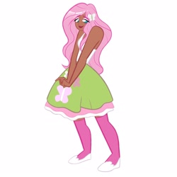 Size: 1650x1650 | Tagged: safe, artist:starsbursts, imported from derpibooru, fluttershy, human, equestria girls, alternate hairstyle, clothes, cute, dark skin, eyes closed, female, flats, humanized, lipstick, shoes, shyabetes, simple background, skirt, socks, solo, stockings, tanktop, thigh highs, white background