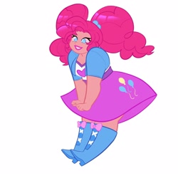 Size: 1650x1650 | Tagged: safe, artist:starsbursts, imported from derpibooru, pinkie pie, human, alternate hairstyle, boots, chubby, clothes, cute, diapinkes, female, grin, high heel boots, humanized, jacket, lipstick, makeup, pigtails, shirt, shoes, simple background, skirt, smiling, solo, t-shirt, twintails, white background