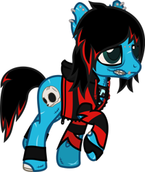 Size: 906x1072 | Tagged: safe, artist:lightningbolt, derpibooru exclusive, imported from derpibooru, oc, oc only, oc:emo lad, earth pony, pony, undead, zombie, zombie pony, .svg available, bags under eyes, bloodshot eyes, bone, clothes, dyed mane, dyed tail, ear piercing, earring, hair over one eye, hood down, hoodie, jewelry, leg band, lidded eyes, long sleeves, male, piercing, scar, shirt, show accurate, simple background, solo, stalker, stalking, stallion, stitches, svg, tail, torn clothes, torn ear, transparent background, undershirt, vector