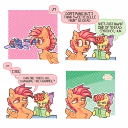 Size: 2048x2048 | Tagged: safe, artist:pastacrylic, imported from derpibooru, apple bloom, scootaloo, sweetie belle, earth pony, pegasus, pony, unicorn, apple bloom is not amused, apple bloom's bow, book, bow, comic, cutie mark crusaders, dialogue, female, filly, foal, fortnite, hair bow, pun, reading, speech bubble, trio, trio female, unamused