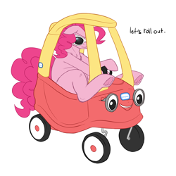 Size: 2000x2000 | Tagged: safe, artist:mclovin, imported from derpibooru, pinkie pie, earth pony, pony, cozy coupe, female, frog (hoof), little tikes, mare, palindrome get, simple background, solo, sunglasses, underhoof, white background