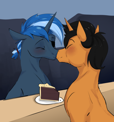 Size: 2888x3072 | Tagged: safe, artist:luxsimx, imported from derpibooru, oc, oc only, oc:high tide, oc:star, pony, unicorn, cake, commission, duo, food, gay, kissing, male