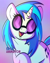 Size: 2000x2500 | Tagged: safe, artist:edgyanimator, derpibooru exclusive, imported from derpibooru, dj pon-3, vinyl scratch, pony, unicorn, background pony, blue hair, blue mane, bust, cel shading, cute, eyelashes, female, firealpaca, front view, glasses, head tilt, hidden eyes, horn, looking at you, mare, multicolored background, open mouth, open smile, portrait, raised hoof, shading, signature, simple background, simple shading, smiling, solo, sternocleidomastoid, sunglasses, tail, teeth, vinyl's glasses, vinylbetes, white coat