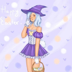 Size: 1280x1280 | Tagged: safe, artist:moni0ka, imported from derpibooru, trixie, human, alternate hairstyle, basket, clothes, dress, easter basket, easter bunny, easter egg, female, gloves, hat, humanized, shirt, skirt, solo, waving, witch hat