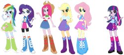 Size: 1024x455 | Tagged: safe, artist:pdorothynics, imported from derpibooru, applejack, fluttershy, pinkie pie, rainbow dash, rarity, twilight sparkle, human, equestria girls, magical mystery cure, anniversary, anniversary art, belt, boots, clothes, clothes swap, cowboy boots, cowboy hat, cutie mark swap, eqg promo pose set, equestria girls interpretation, hat, high heel boots, humane five, humane six, jacket, magical mystery cure tenth anniversary, pinkamena diane pie, scene interpretation, shirt, shoes, simple background, skirt, socks, swapped cutie marks, transparent background, vest, what my cutie mark is telling me