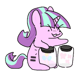 Size: 556x556 | Tagged: safe, artist:guwauu, imported from derpibooru, starlight glimmer, pony, unicorn, animated, bongos, equal cutie mark, equalized, evil grin, female, gif, grin, implied fluttershy, implied pinkie pie, jar, mare, s5 starlight, simple background, smiling, solo, transparent background