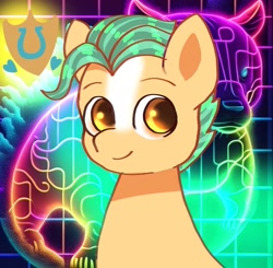 Size: 1881x1840 | Tagged: safe, artist:jaanhavi, imported from derpibooru, hitch trailblazer, bear, earth pony, pony, abstract background, blaze (coat marking), bust, coat markings, cute, facial markings, g5, hitchbetes, male, smiling, solo, stallion