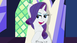 Size: 3840x2160 | Tagged: safe, artist:starry swirl, imported from derpibooru, rarity, pony, unicorn, crystal castle, female, lidded eyes, mare, open mouth, scene interpretation, signature, solo