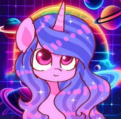 Size: 1881x1840 | Tagged: safe, artist:jaanhavi, imported from derpibooru, izzy moonbow, pony, unicorn, abstract background, bust, cute, female, g5, izzybetes, jewelry, looking up, mare, planet, ring, saturn, smiling, solo, space