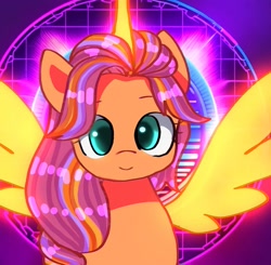 Size: 1881x1840 | Tagged: safe, artist:jaanhavi, imported from derpibooru, sunny starscout, alicorn, pony, abstract background, artificial alicorn, artificial horn, artificial wings, augmented, bust, cute, female, g5, horn, magic, magic horn, magic wings, mane stripe sunny, mare, race swap, smiling, solo, spread wings, sunnybetes, sunnycorn, wings