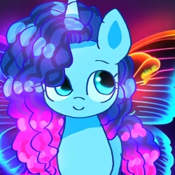 Size: 1024x1024 | Tagged: safe, artist:jaanhavi, imported from derpibooru, pony, unicorn, abstract background, bust, butterfly wings, curly mane, cute, female, g5, hair covering face, looking up, mare, misty brightdawn, mistybetes, smiling, solo, wings