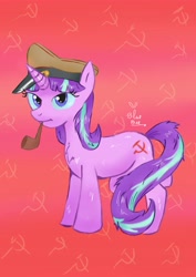 Size: 4961x7016 | Tagged: safe, artist:bluebeebzz, imported from derpibooru, starlight glimmer, pony, communism, female, hammer and sickle, mare, military hat, pipe, s5 starlight, solo, stalin glimmer