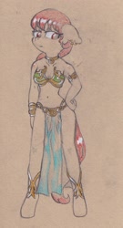 Size: 1536x2849 | Tagged: safe, artist:foxtrot3, imported from derpibooru, oc, oc:hazel, anthro, earth pony, unguligrade anthro, slave, slave leia outfit, traditional art