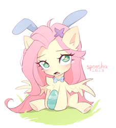 Size: 1000x1100 | Tagged: safe, artist:spoosha, imported from derpibooru, fluttershy, butterfly, pegasus, rabbit, animal, blushing, bowtie, bunny ears, bunnyshy, chest fluff, crying, cute, daaaaaaaaaaaw, ear fluff, easter, easter egg, female, heart, heart eyes, holiday, open mouth, shyabetes, tears of pain, wingding eyes