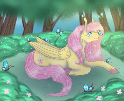 Size: 4000x3250 | Tagged: safe, artist:palindromegrace, imported from derpibooru, fluttershy, butterfly, pegasus, pony, female, forest, nature, solo