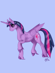 Size: 3000x4000 | Tagged: safe, artist:palindromegrace, imported from derpibooru, twilight sparkle, alicorn, pony, blue background, female, simple background, solo, twilight sparkle (alicorn), unshorn fetlocks