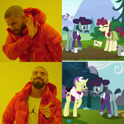 Size: 1000x1000 | Tagged: safe, edit, edited screencap, imported from derpibooru, screencap, dandy grandeur, hilly hooffield, turner mccolt, earth pony, pony, the hooffields and mccolts, drake, female, gay, hooffield family, hotline bling, male, mccolt family, meme, shipping, stallion, straight, turner grandeur