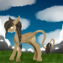 Size: 1000x1000 | Tagged: safe, artist:palindromegrace, imported from derpibooru, oc, oc only, pegasus, pony, female, leonine tail, mountain, outdoors, pegasus oc, solo, tail