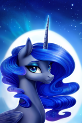 Size: 1280x1920 | Tagged: safe, derpibooru exclusive, editor:dovakkins, imported from derpibooru, princess luna, alicorn, pony, ai content, ai generated, bust, ethereal mane, eyeshadow, female, folded wings, full moon, galaxy mane, generator:stable diffusion, lidded eyes, lips, makeup, missing accessory, moon, night, night sky, portrait, sky, smiling, solo, sternocleidomastoid, wavy mane, wings