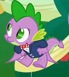 Size: 1425x1590 | Tagged: safe, imported from derpibooru, screencap, spike, dragon, the big mac question, annoyed, banner, bowtie, clothes, cropped, floating, flying, formal wear, solo, suit, sweet apple acres, tree, tuxedo, winged spike, wings