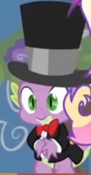 Size: 850x1620 | Tagged: safe, imported from derpibooru, screencap, spike, dragon, a canterlot wedding, bowtie, canterlot, canterlot castle, clothes, cropped, flower, hat, nervous, royal wedding, ruffled shirt, solo, suit, tailcoat, top hat, tuxedo