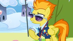 Size: 2160x1213 | Tagged: safe, imported from derpibooru, screencap, spitfire, pegasus, pony, wonderbolts academy, clothes, drill sergeant, female, mare, necktie, solo, spitfire's whistle, stopwatch, suit, uniform, whistle, whistle necklace, wonderbolts dress uniform