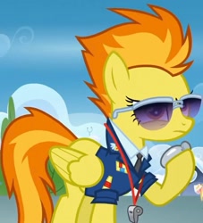 Size: 1083x1195 | Tagged: safe, imported from derpibooru, screencap, spitfire, pegasus, pony, wonderbolts academy, clothes, cropped, drill sergeant, female, mare, necktie, solo, spitfire's whistle, stopwatch, suit, sunglasses, uniform, whistle, wonderbolts dress uniform
