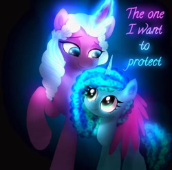 Size: 904x892 | Tagged: safe, artist:jaanhavi, imported from derpibooru, opaline arcana, alicorn, pony, unicorn, spoiler:g5, black background, cornrows, curly mane, curved horn, duo, duo female, female, g5, glowing, glowing horn, horn, hug, looking at each other, looking at someone, magic, magic aura, mama opaline, mare, misty brightdawn, nicealine, out of character, raised hoof, ringlets, simple background, smiling, smiling at each other, standing, text, turned head, winghug, wings