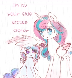 Size: 1204x1300 | Tagged: safe, artist:jaanhavi, imported from derpibooru, princess flurry heart, oc, alicorn, pony, alicorn oc, duo, female, filly, foal, horn, offspring, older, older flurry heart, parent:princess cadance, parent:shining armor, parents:shiningcadance, siblings, sisters, teary eyes, wing umbrella, wings