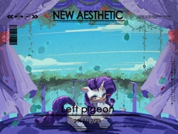 Size: 2160x1620 | Tagged: safe, artist:lendftcn, imported from derpibooru, rarity, pony, unicorn, balcony, curtains, female, film grain, glasses, high res, hoof on chin, looking at you, lying down, mare, prone, rarity's glasses, solo, text