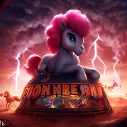 Size: 1024x1024 | Tagged: safe, imported from derpibooru, pinkie pie, pony, ai content, ai generated, lightning, prompter:pizza split, thunder