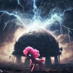 Size: 1024x1024 | Tagged: safe, imported from derpibooru, pinkie pie, pony, ai content, ai generated, lightning, prompter:pizza split, thunder