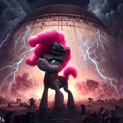 Size: 1024x1024 | Tagged: safe, imported from derpibooru, pinkie pie, pony, ai content, ai generated, lightning, nightmare fuel, prompter:pizza split, thunder