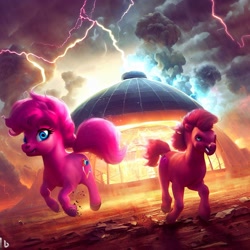 Size: 1024x1024 | Tagged: safe, imported from derpibooru, pinkie pie, pony, ai content, ai generated, lightning, prompter:pizza split, running, thunder