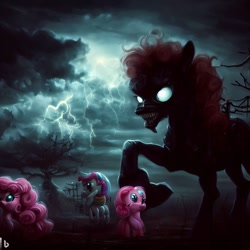 Size: 1024x1024 | Tagged: safe, imported from derpibooru, pinkie pie, monster pony, pony, ai content, ai generated, horror, lightning, nightmare fuel, prompter:pizza split