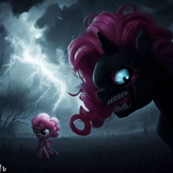 Size: 1024x1024 | Tagged: safe, imported from derpibooru, pinkie pie, monster pony, pony, ai content, ai generated, horror, lightning, nightmare fuel, prompter:pizza split