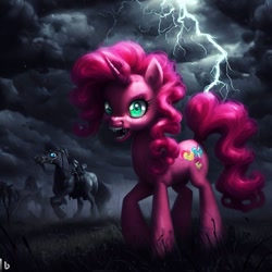 Size: 1024x1024 | Tagged: safe, imported from derpibooru, pinkie pie, horse, monster pony, pony, ai content, ai generated, horror, lightning, nightmare fuel, prompter:pizza split