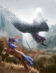 Size: 723x941 | Tagged: safe, artist:rover_and_over, imported from derpibooru, oc, oc only, pegasus, pony, unicorn, duo, horn, pegasus oc, scenery, sword, unicorn oc, weapon
