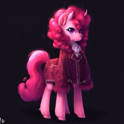 Size: 1024x1024 | Tagged: safe, imported from derpibooru, pinkie pie, demon, demon pony, taur, ai content, ai generated, clothes, dark background, horn, ponytaur, prompter:pizza split, religion, solo