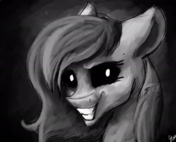 Size: 2180x1755 | Tagged: safe, artist:minckies, imported from derpibooru, oc, oc only, earth pony, pony, black sclera, creepy, earth pony oc, grin, signature, smiling, solo