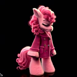 Size: 1024x1024 | Tagged: safe, imported from derpibooru, pinkie pie, semi-anthro, ai content, ai generated, black background, eyes closed, prompter:pizza split, sad, simple background, solo, standing on two hooves