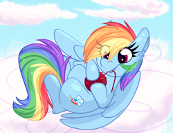 Size: 2793x2160 | Tagged: safe, artist:lbrcloud, imported from derpibooru, rainbow dash, pegasus, pony, behaving like a cat, cloud, cute, dashabetes, eye clipping through hair, eyebrows, eyebrows visible through hair, female, lying down, lying on a cloud, mare, on a cloud, on back, rainbow cat, smiling, solo, yarn, yarn ball