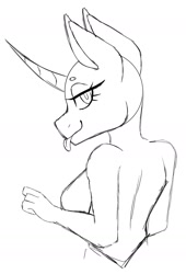 Size: 1354x1994 | Tagged: safe, artist:melodytheartpony, imported from derpibooru, anthro, any species, back turned, closed hand, commission, female, looking at you, looking back, side eye, simple background, sketch, smiling, tongue out, white background, ych sketch, your character here