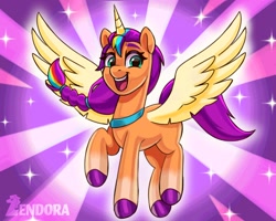 Size: 2048x1638 | Tagged: safe, artist:zendora, imported from derpibooru, sunny starscout, alicorn, pony, alicornified, artificial horn, artificial wings, augmented, female, g5, horn, magic, magic horn, magic wings, mare, race swap, solo, sparkles, spread wings, sunnycorn, wings