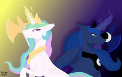 Size: 1280x812 | Tagged: safe, imported from derpibooru, princess celestia, princess luna, alicorn, remake, weapon