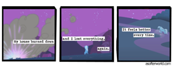 Size: 720x275 | Tagged: safe, edit, edited screencap, imported from ponybooru, screencap, trixie, unicorn, boast busters, a softer world, comic, female, fireworks, mare, missing accessory, night, running, running away, screencap comic, smoke, text