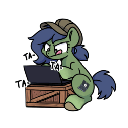 Size: 800x800 | Tagged: safe, artist:sugar morning, imported from derpibooru, oc, oc only, oc:gray hat, earth pony, pony, animated, commission, computer, crate, earth pony oc, gif, hacking, hat, laptop computer, onomatopoeia, simple background, solo, tongue out, transparent background