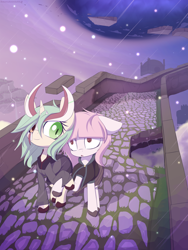Size: 1798x2392 | Tagged: safe, artist:an-m, imported from ponybooru, oc, oc only, oc:setna, oc:tezla, earth pony, pony, unicorn, clothes, floating rocks, looking at each other, mask, shoes, snow