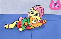 Size: 1006x643 | Tagged: safe, artist:author92, imported from derpibooru, applejack, fluttershy, earth pony, pegasus, pony, chokehold, clothed ponies, clothes, dougi, duo, gi, leg lock, martial arts, pinned, red face, smiling